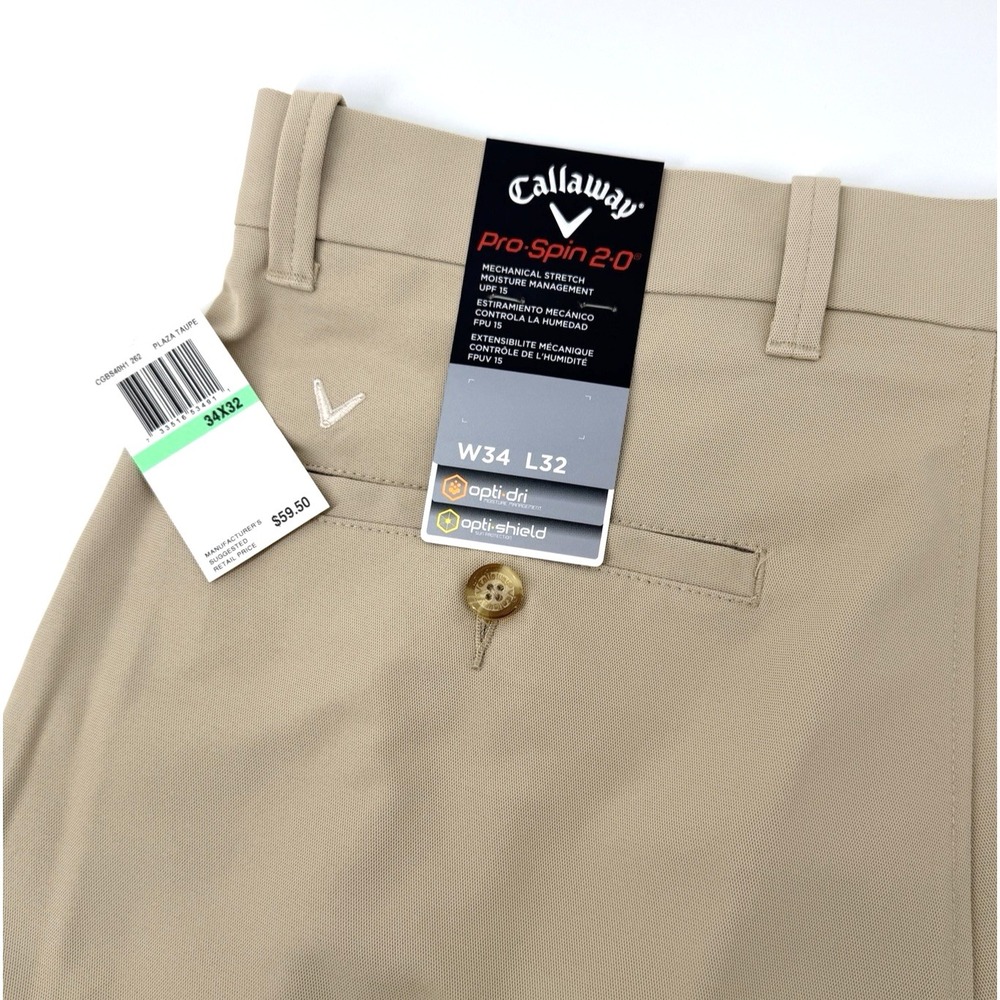 Callaway Pro Spin 2.0 Golf Pants Mens 34x32 Beige Opti-Dri Shield Flat Front NEW